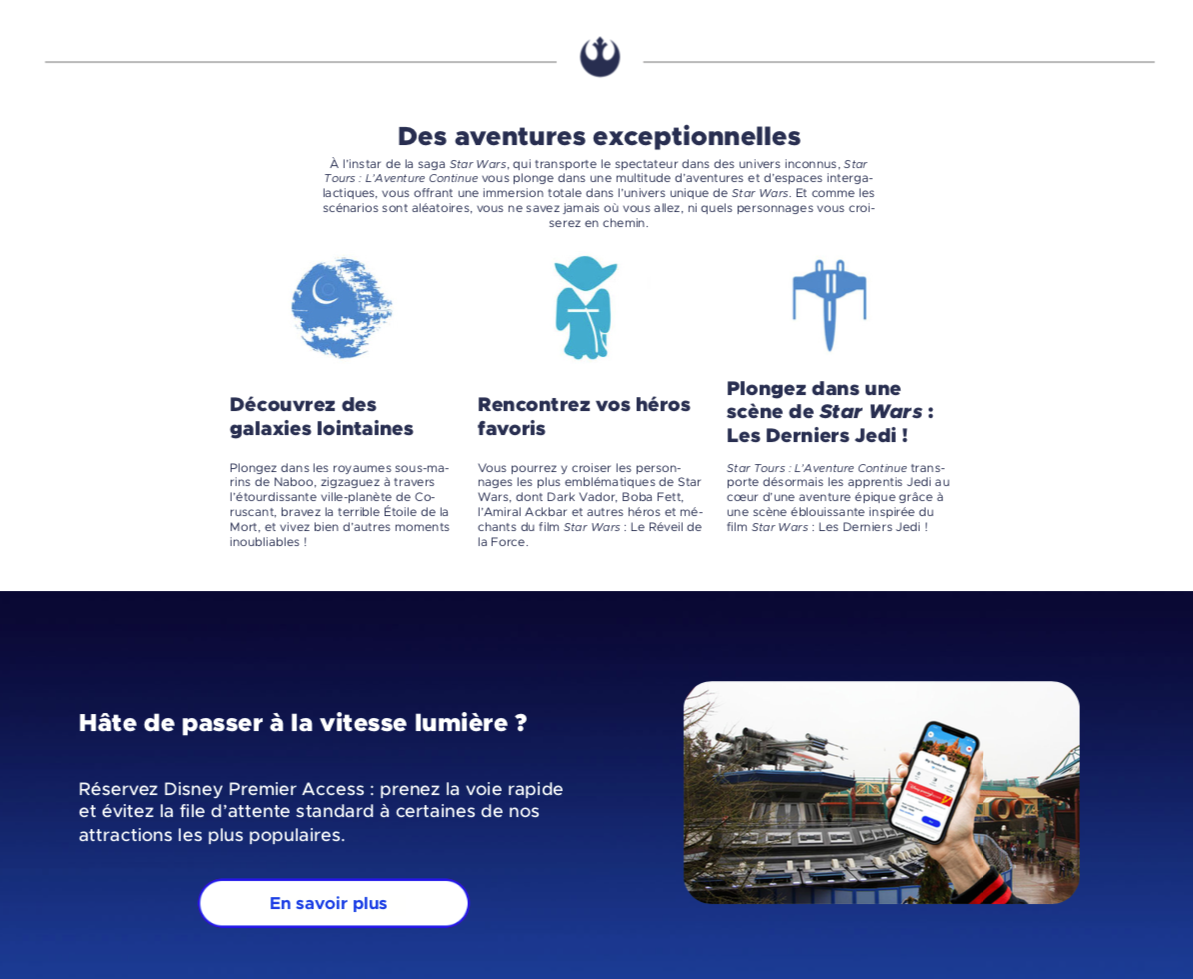 Content design d'une page attraction dans le cadre d'un test pour Disneyland Paris. Réalisé sur inDesign.